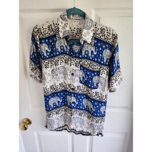 Sopheap Angkor Elephant Print Short Sleeve Button Down 100% Cotton Mens Size M